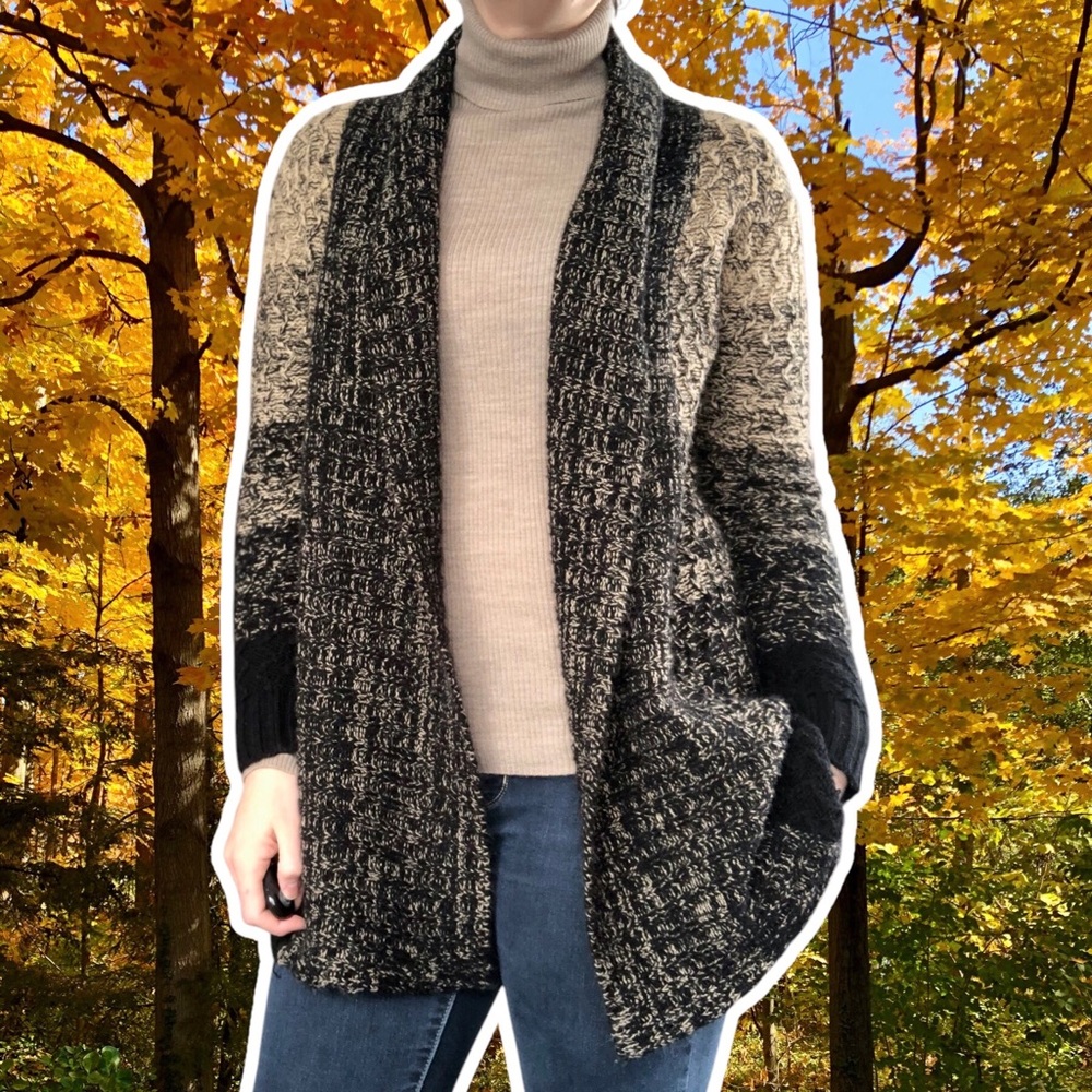 Tobi Knitted Chauffeur Cardigan in Cream & Black Coffee Ombre Stripes, Size S